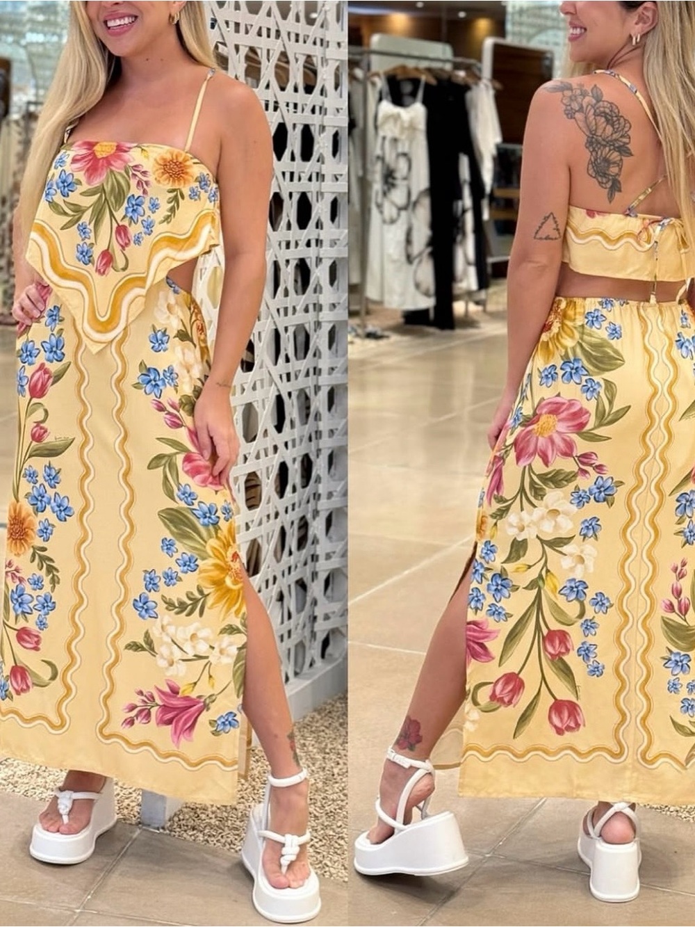FARM Rio Yellow Floral Cutout Midi Dress with Pink & Blue Blooms Size M